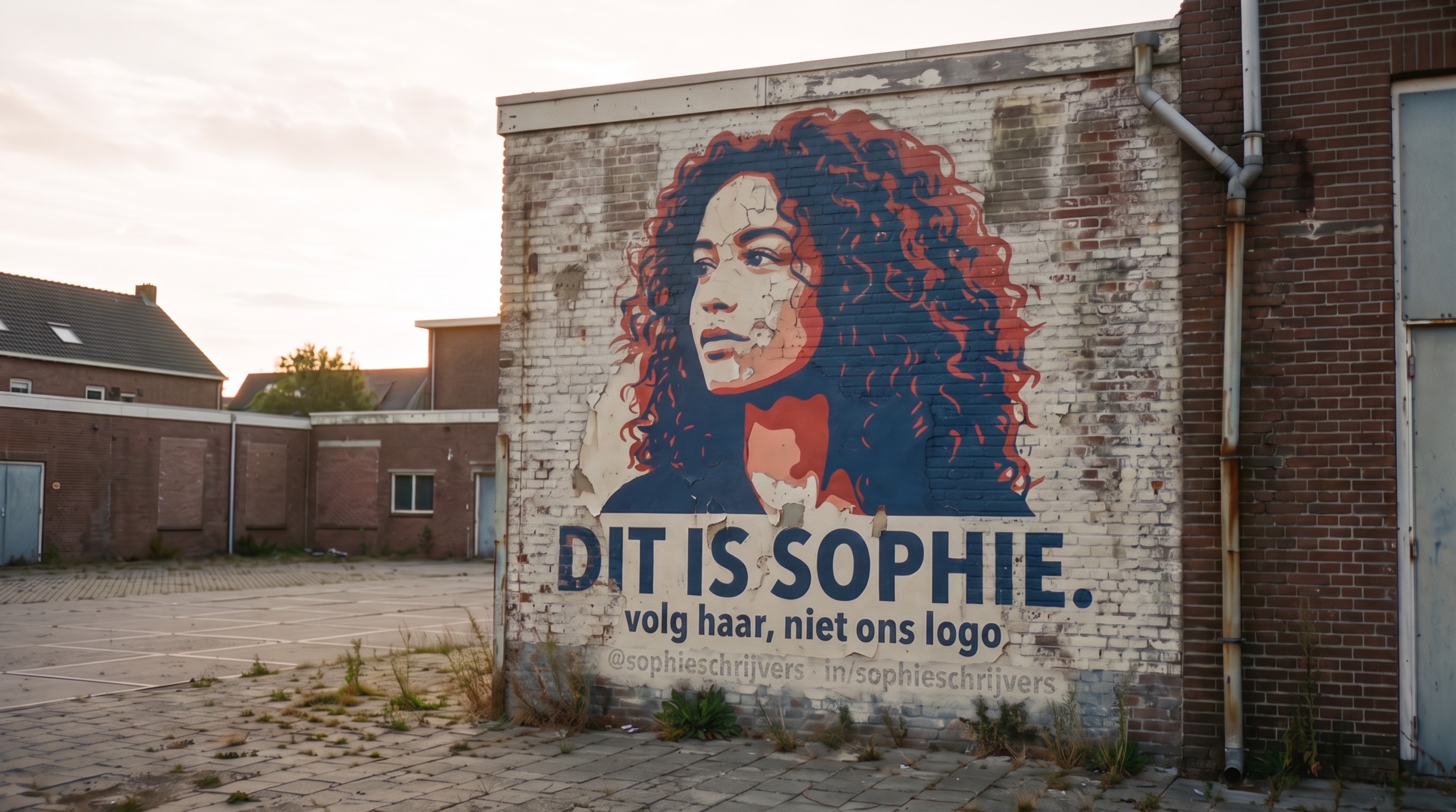 Muurschildering: Dit is Sophie. Volg haar, niet ons logo.